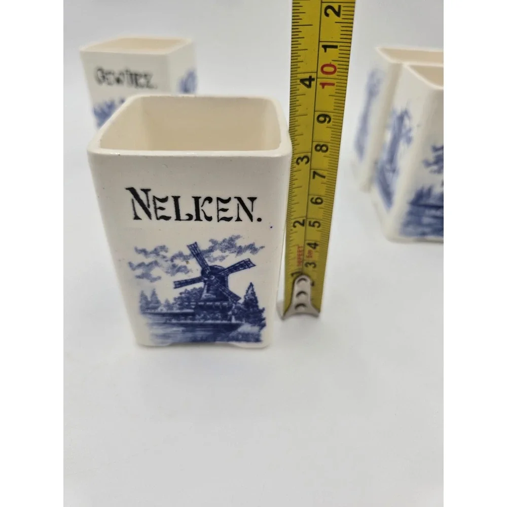 Vintage German Delft Blue Ceramic Spice Canister Set‎ Windmill Sailboat 5pc